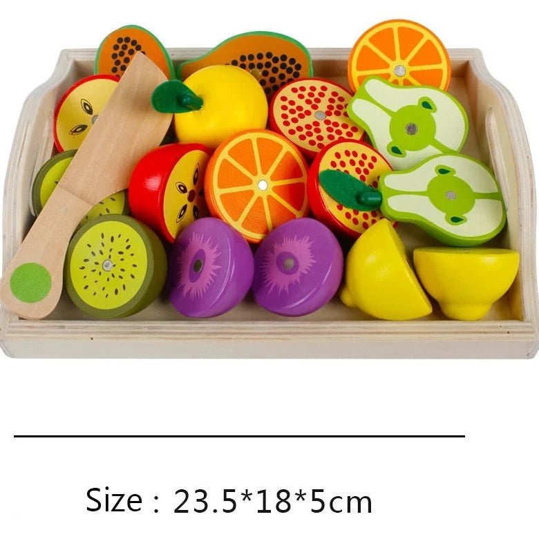 Cut Fruits and Vegetables Wooden Toys on a wooden tray, featuring an assortment for pretend cooking and skill development.