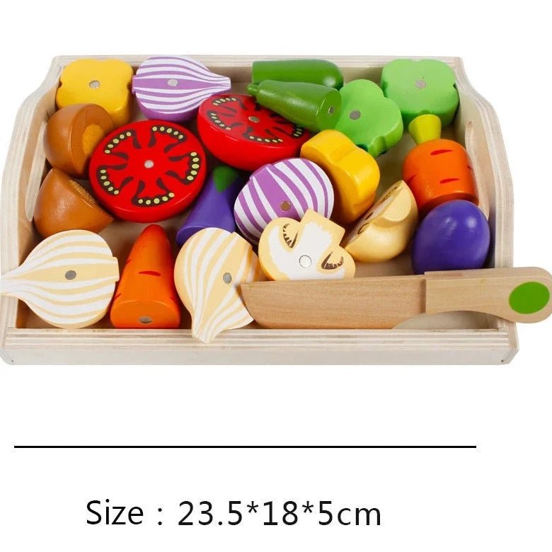 Cut Fruits and Vegetables Wooden Toys on a wooden tray, featuring various pretend-play vegetables and a knife, designed for Montessori learning and motor skill development.