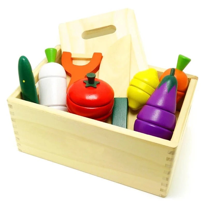 Cut Fruits and Vegetables Wooden Toys in a wooden box, featuring toy tomato, eggplant, and bottle, ideal for pretend cooking and motor skill development.