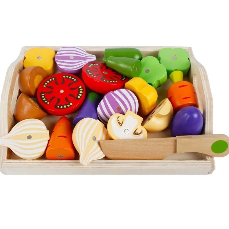 Wooden tray featuring Montessori Cut Fruits and Vegetables Wooden Toys, including carrots and striped objects, designed for pretend cooking and skill development.