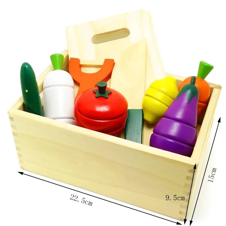Cut Fruits and Vegetables Wooden Toys set in a wooden box, featuring colorful, safe play items for imaginative cooking and motor skill development. Ideal for Montessori learning.