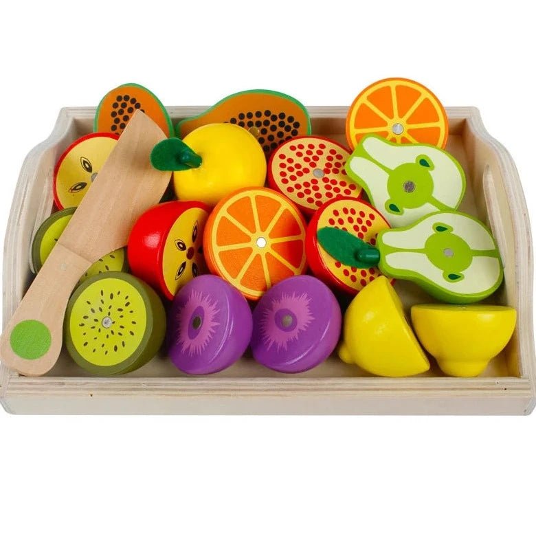 Cut Fruits and Vegetables Wooden Toys on a tray, designed for Montessori play, featuring safe, eco-friendly materials perfect for imaginative cooking and skill development.