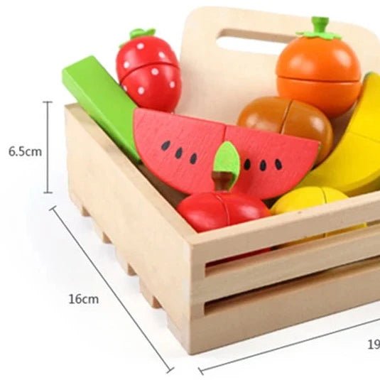 Cut Fruits and Vegetables Wooden Toys in a wooden basket, designed for imaginative play and skill development, from Oliver & Company Montessori Toys.