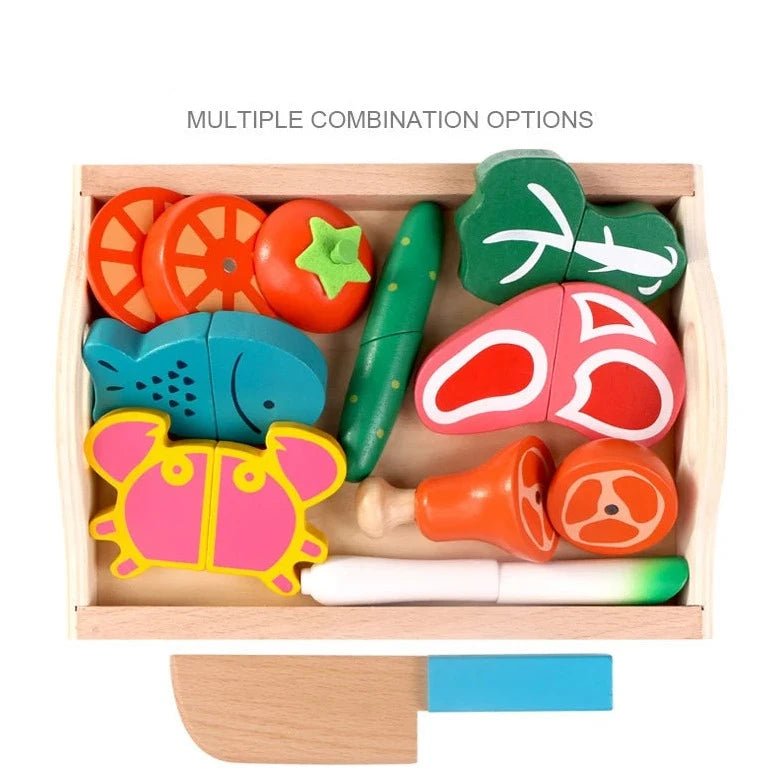 Cut Fruits and Vegetables Wooden Toys featuring colorful, heart-shaped, and puzzle-like pieces for imaginative play and motor skill development, perfect for Montessori learning.