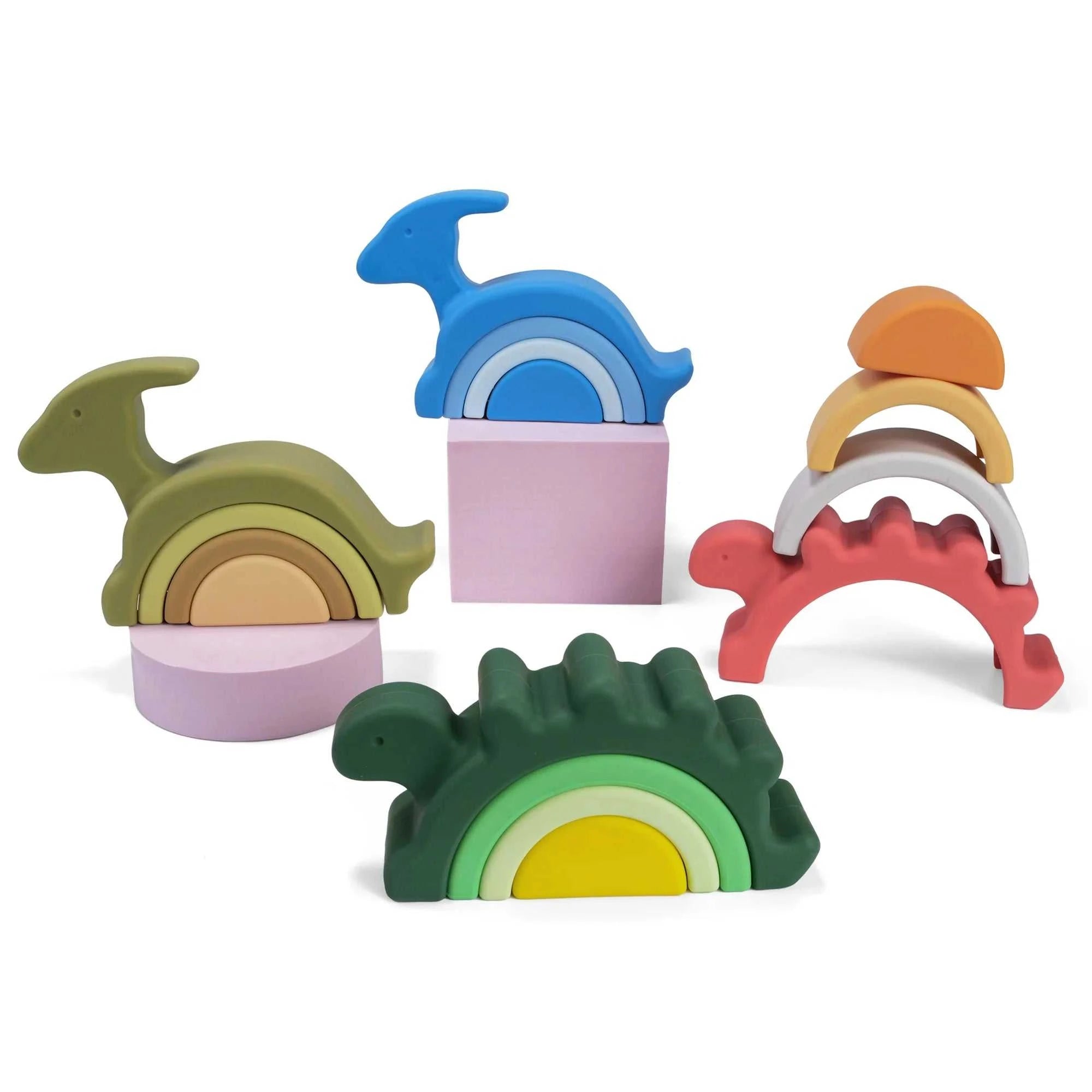 Dinosaur Shape Soft Silicone Building Blocks for toddlers, featuring stackable dinosaur designs to promote creativity and motor skills, ideal for early learning and play.