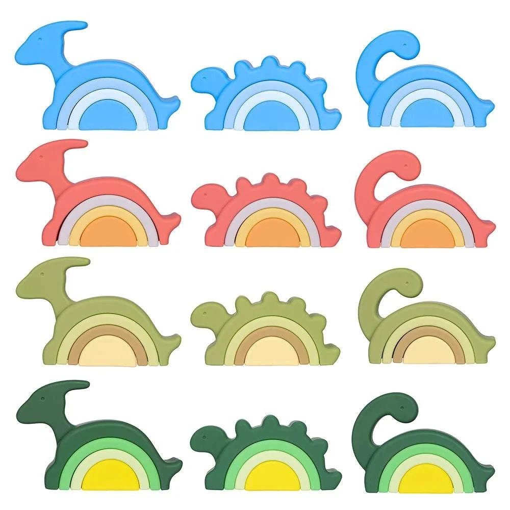 Dinosaur Shape Soft Silicone Building Blocks for toddlers, designed to inspire creativity and improve motor skills, featuring various dinosaur shapes in a colorful, stackable set.