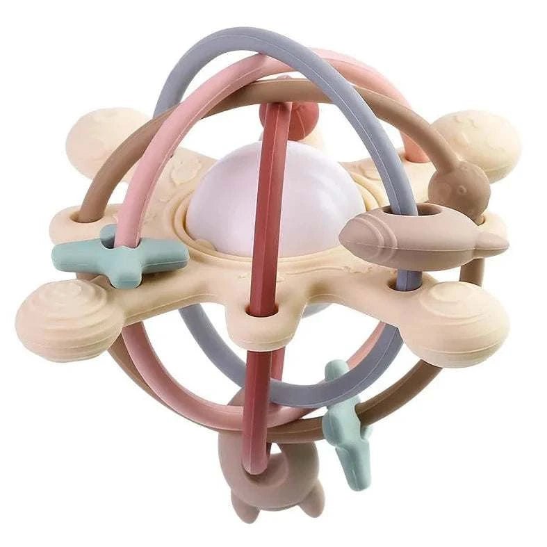 Montessori Ball Rattle & Sensory Teether, a toy designed to engage babies by promoting sensory exploration and fine motor skills development with its unique textures and round shape.