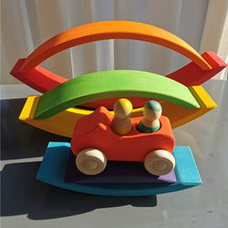 Montessori Basswood Stacking Bridge, Cars, and Forest Trees Set - Oliver & Company Montessori Toys