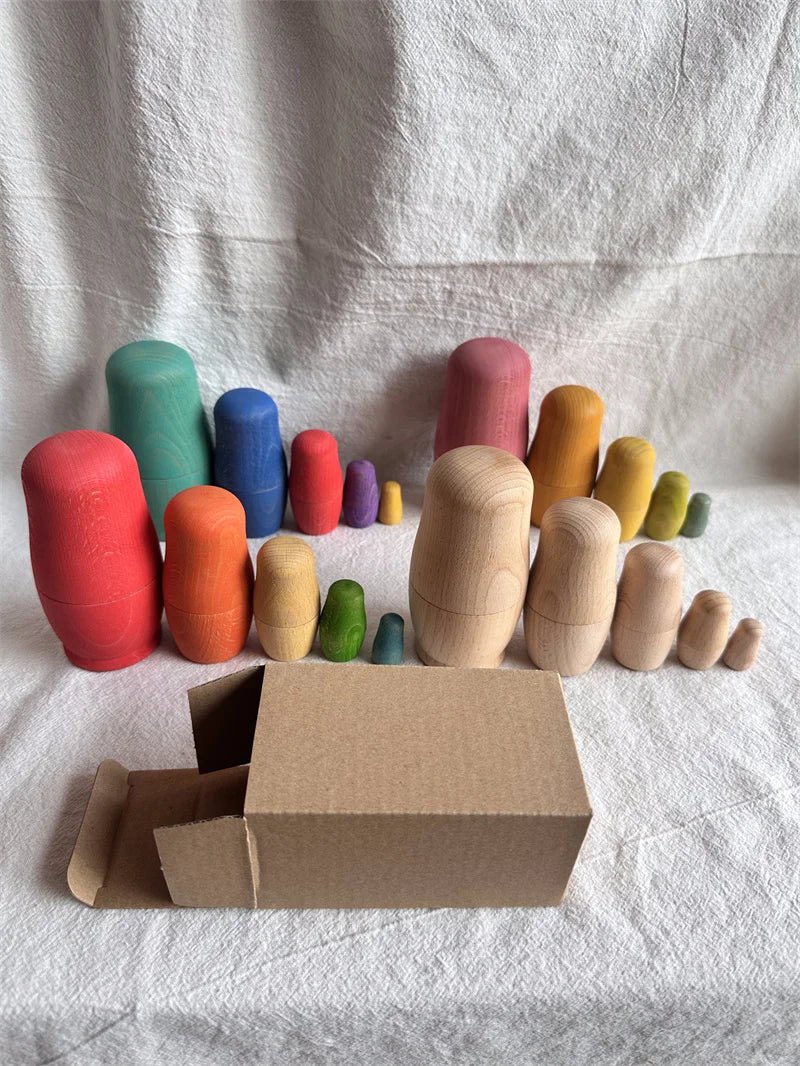 Montessori Beech Wood Rainbow Stacking Dolls: Nesting collectibles made of polished beech wood, designed for imaginative play and fine motor skill development.