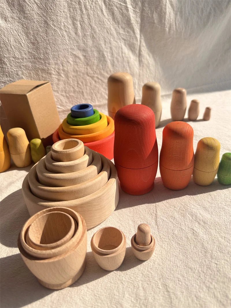 Montessori Beech Wood Rainbow Stacking Dolls: Nesting Collectibles, showcasing wooden toys designed for imaginative play and size exploration, ideal for early learning and motor skills development.