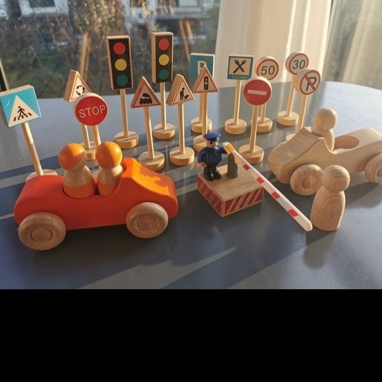 Montessori Cars and Street Signs Set with Peg Dolls - Oliver & Company Montessori Toys