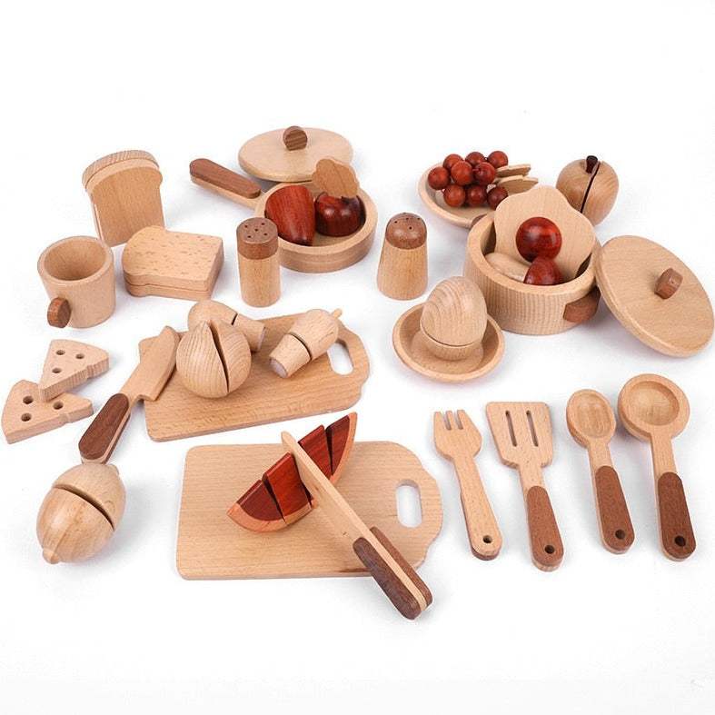 Montessori Children's Natural Wood Simulation Kitchen Sets featuring a wooden spoon, fork, cutting board, and knife for pretend cooking and skill development.