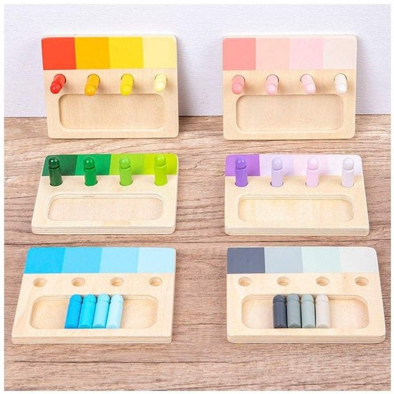 Montessori Color Matching Peg Boards featuring colorful pegs on a wooden board, designed to enhance color recognition and hand-eye coordination for children aged 4 and up.