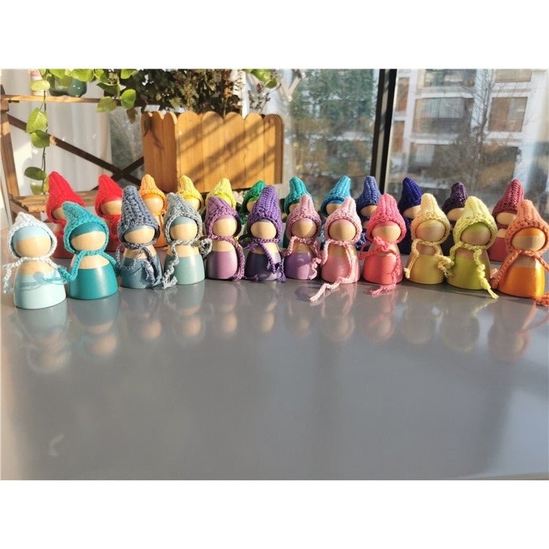 Montessori Crochet Wooden Rainbow Peg Dolls Set with Boards and Hats - Oliver & Company Montessori Toys