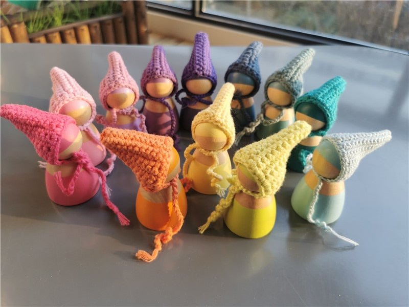 Montessori Crochet Wooden Rainbow Peg Dolls Set with Boards and Hats - Oliver & Company Montessori Toys