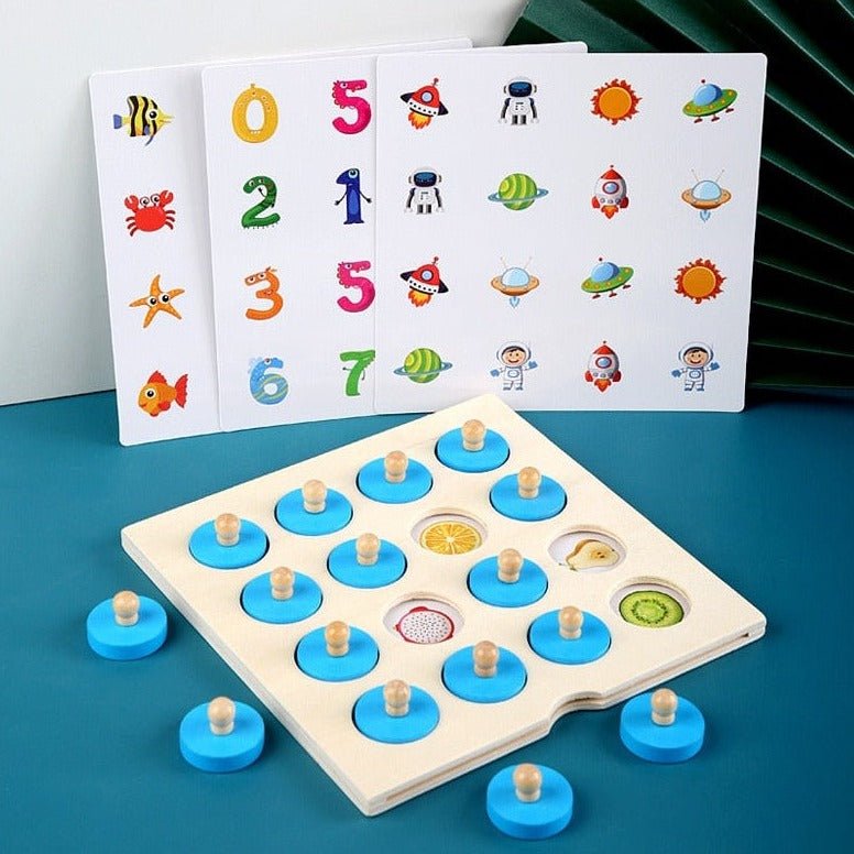 Montessori Educational Wooden Memory Game featuring beech wood pieces with numbers, blue circles, and wooden tops, designed to enhance memory and matching skills in young learners.