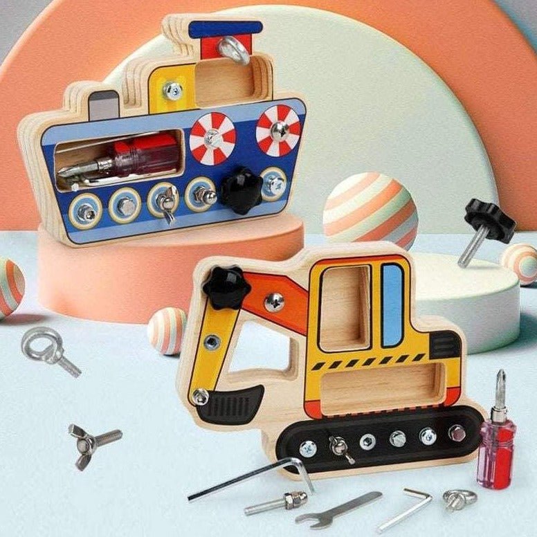 Montessori Excavator and Steam Ship Screwdriver Busy Boards with wooden toys, screws, tools, and a construction vehicle, designed for developing fine motor skills in children.