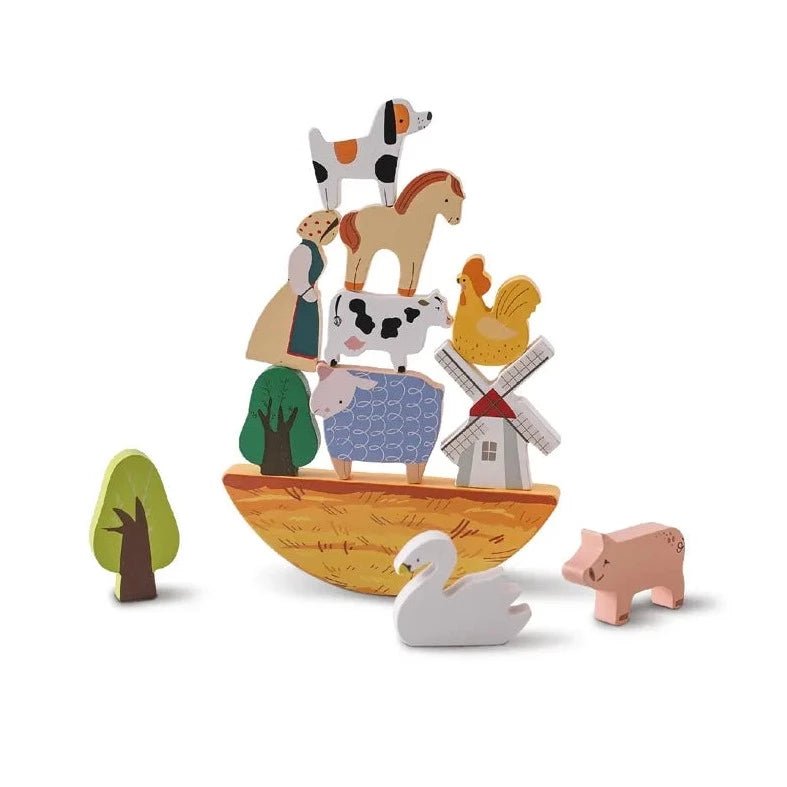Montessori Farm Animals Wooden Toy set with wooden figures including a bird, sheep, pig, and swan for creative toddler play.