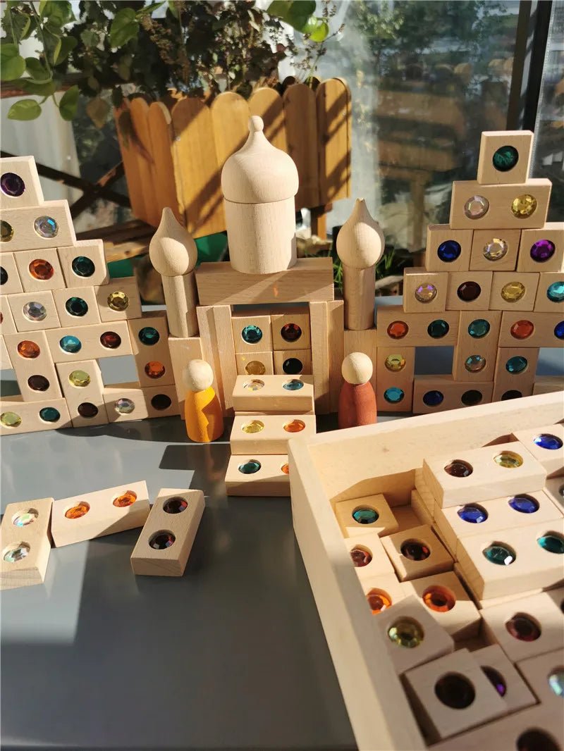 Montessori Gemstone Diamond Bricks featuring beech wood blocks with colorful acrylic gems, designed for creative, educational play and motor skill development.