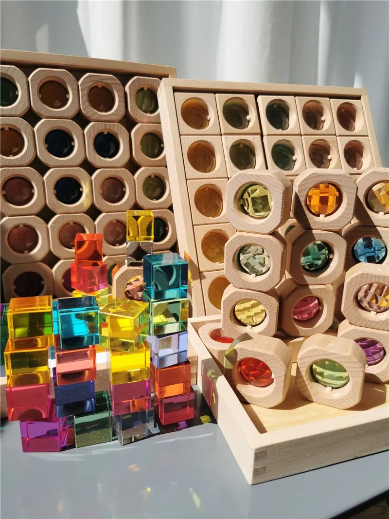 Montessori Gemstone Lucite Window Blocks featuring colorful, translucent acrylic shapes for tactile and visual play, enhancing early learning and creativity in children.