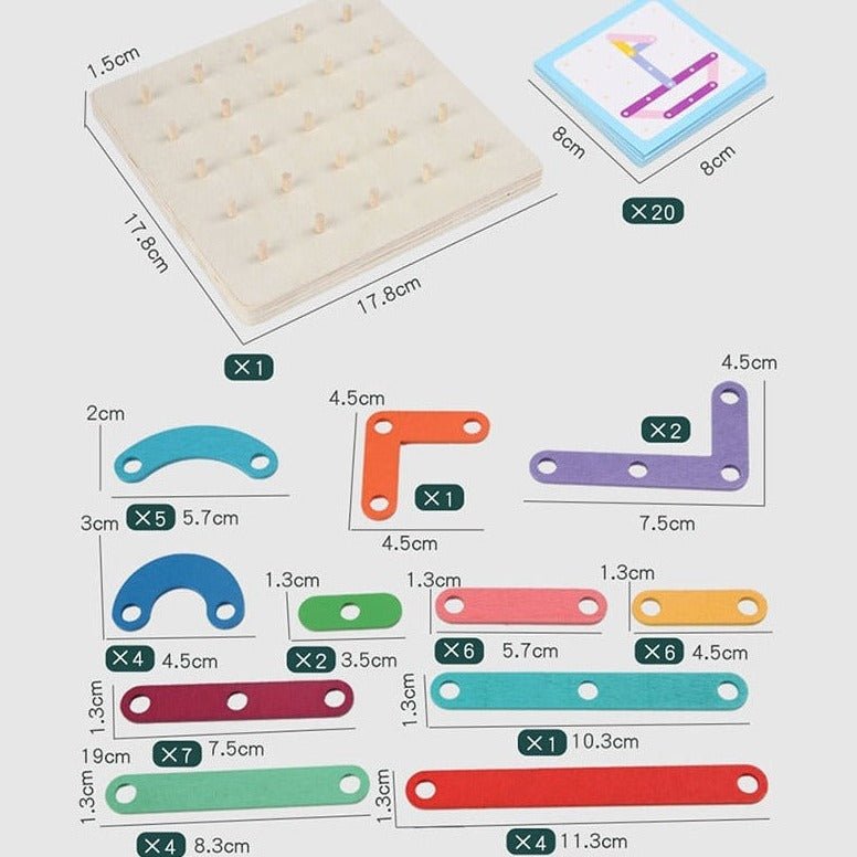 Montessori Geometric Pegboard Game with Cards, featuring a wooden board with colorful pegs and shape cards to enhance creativity, fine motor skills, and spatial awareness.