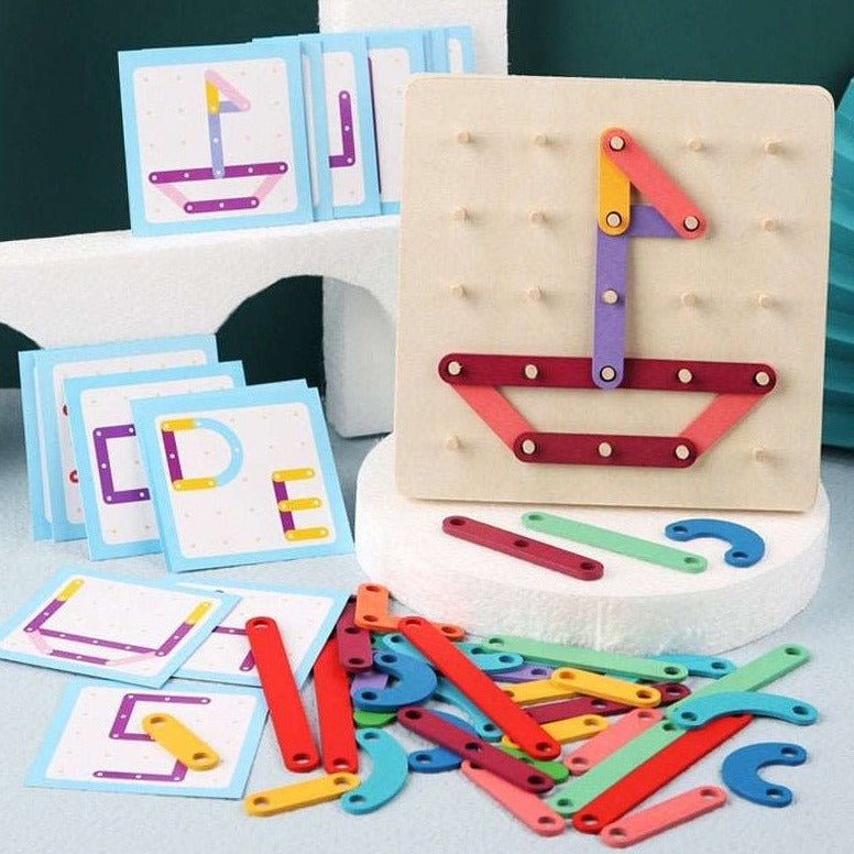 Montessori Geometric Pegboard Game with Cards featuring colorful wooden pegs and shape cards for enhancing creativity, motor skills, and spatial awareness in children aged 4 and up.