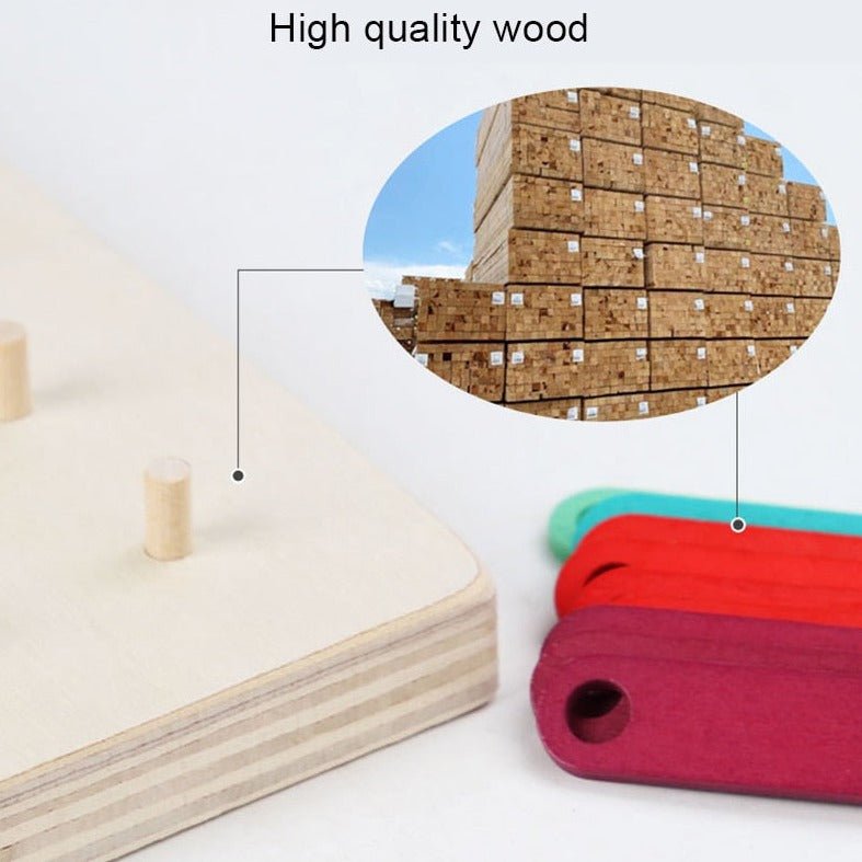 Montessori Geometric Pegboard Game with Cards, a wooden educational toy featuring colorful pegs and shapes to enhance creativity and motor skills for children aged 4 and up.