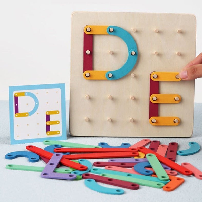 Montessori Geometric Pegboard Game with Cards, featuring a hand holding a colorful wooden educational toy with pegs, enhancing creativity and motor skills for children aged 4 and above.