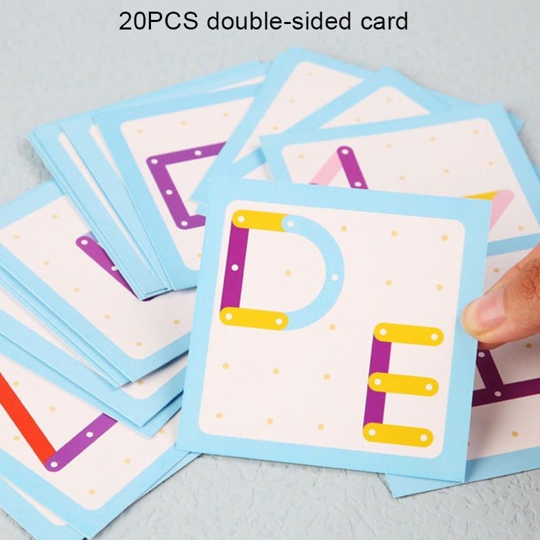 Montessori Geometric Pegboard Game with Cards showing a hand holding a shape card, part of an educational wooden toy set for enhancing creativity and fine motor skills.