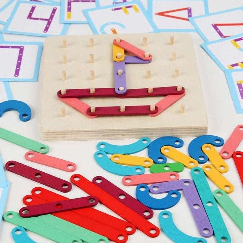 Montessori Geometric Pegboard Game with Cards, featuring colorful wooden sticks and pegs on a board, designed to enhance children's creativity and fine motor skills.