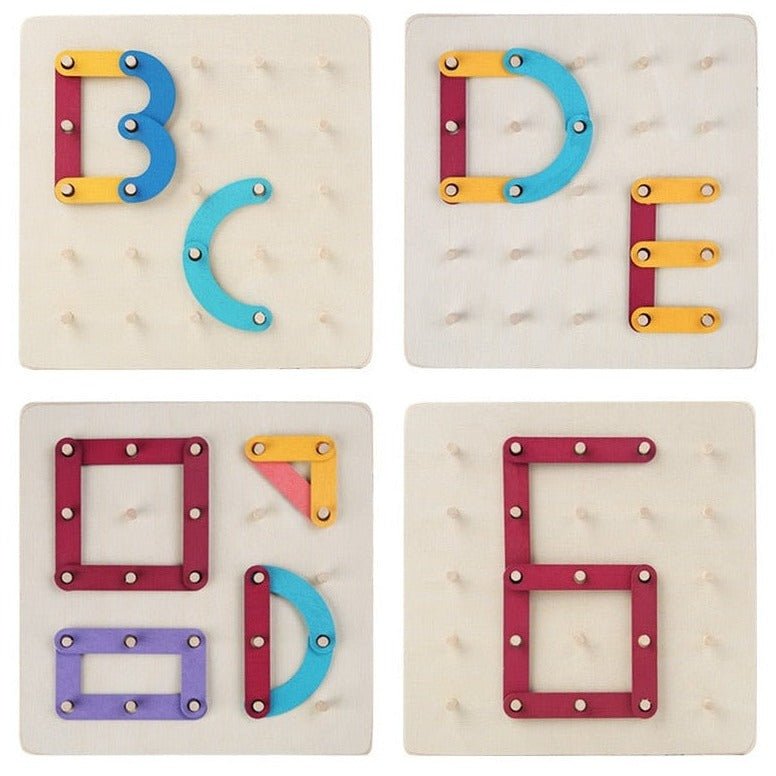 Montessori Geometric Pegboard Game with Cards, featuring colorful wooden pegs and a white board for shape-matching, enhancing children's creativity and motor skills.