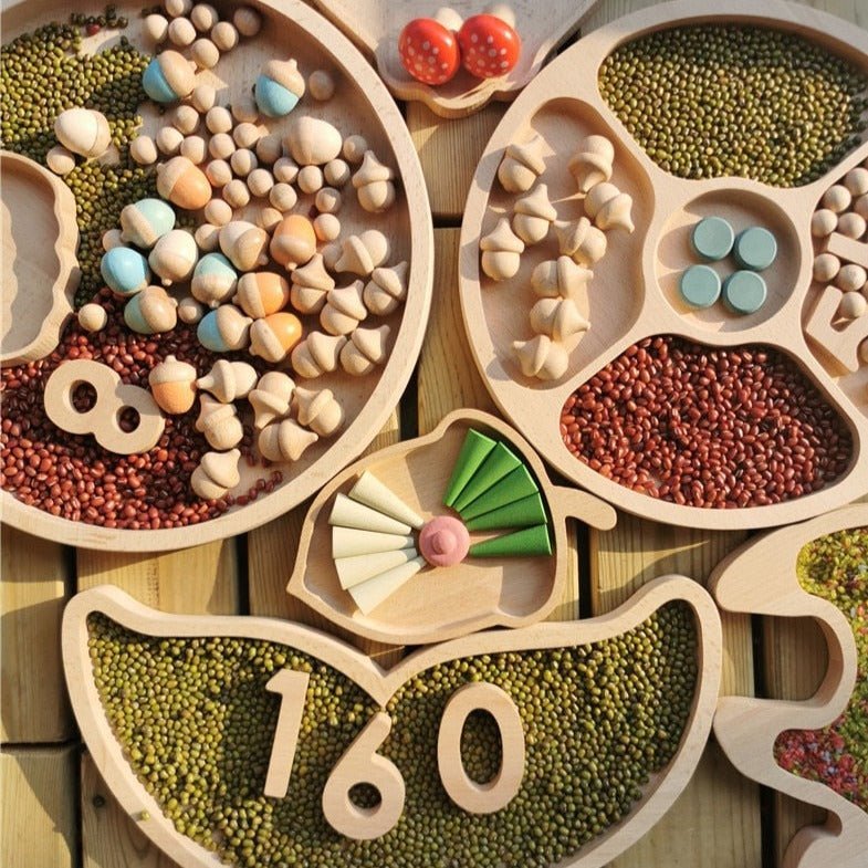 Montessori Large Round Sorting Trays with various colored objects, showcasing beech wood construction for sorting activities and educational play.