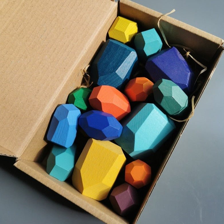 Montessori Large Wooden Balancing Stones for tactile play, featuring diverse shapes for stacking, promoting balance and spatial awareness.