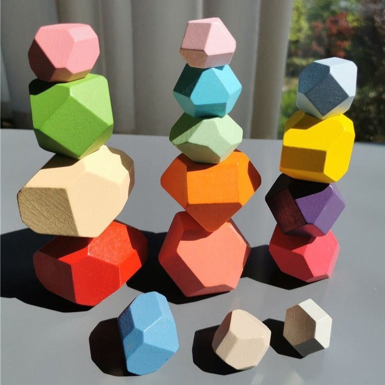 Montessori Large Wooden Balancing Stones, a stack of colorful wooden blocks designed for tactile play, encouraging balance and spatial awareness in children.