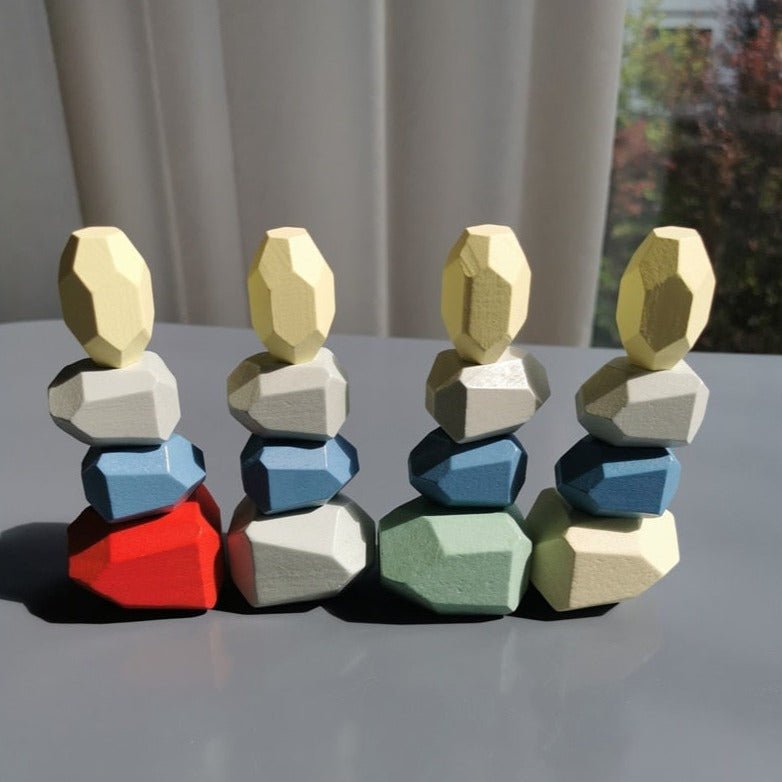 Montessori Large Wooden Balancing Stones, showcasing colorful, stackable wooden shapes designed for open-ended play, promoting balance and spatial awareness in children.