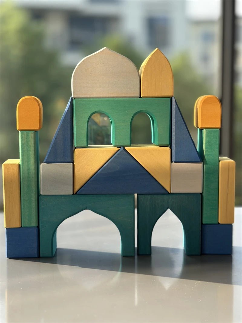 Montessori Large Wooden Stacking Blocks: Rainbow Building Structures, featuring natural wooden blocks for imaginative play, ideal for developing skills in young children.