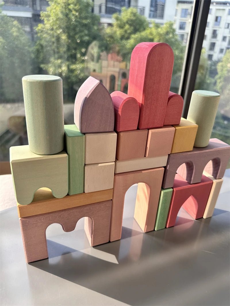 Montessori Large Wooden Stacking Blocks: Rainbow Building Structures - Oliver & Company Montessori Toys