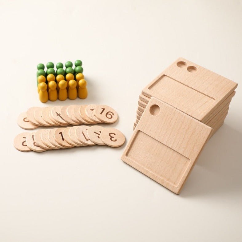 Montessori Math Boards and Peg Dolls set, featuring stacked wooden pieces and figures, designed for hands-on learning and imaginative play.