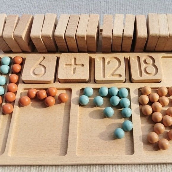 Montessori Math Learning Boards featuring wooden beads and numbers for hands-on counting and arithmetic activities, promoting early math skills through interactive learning.
