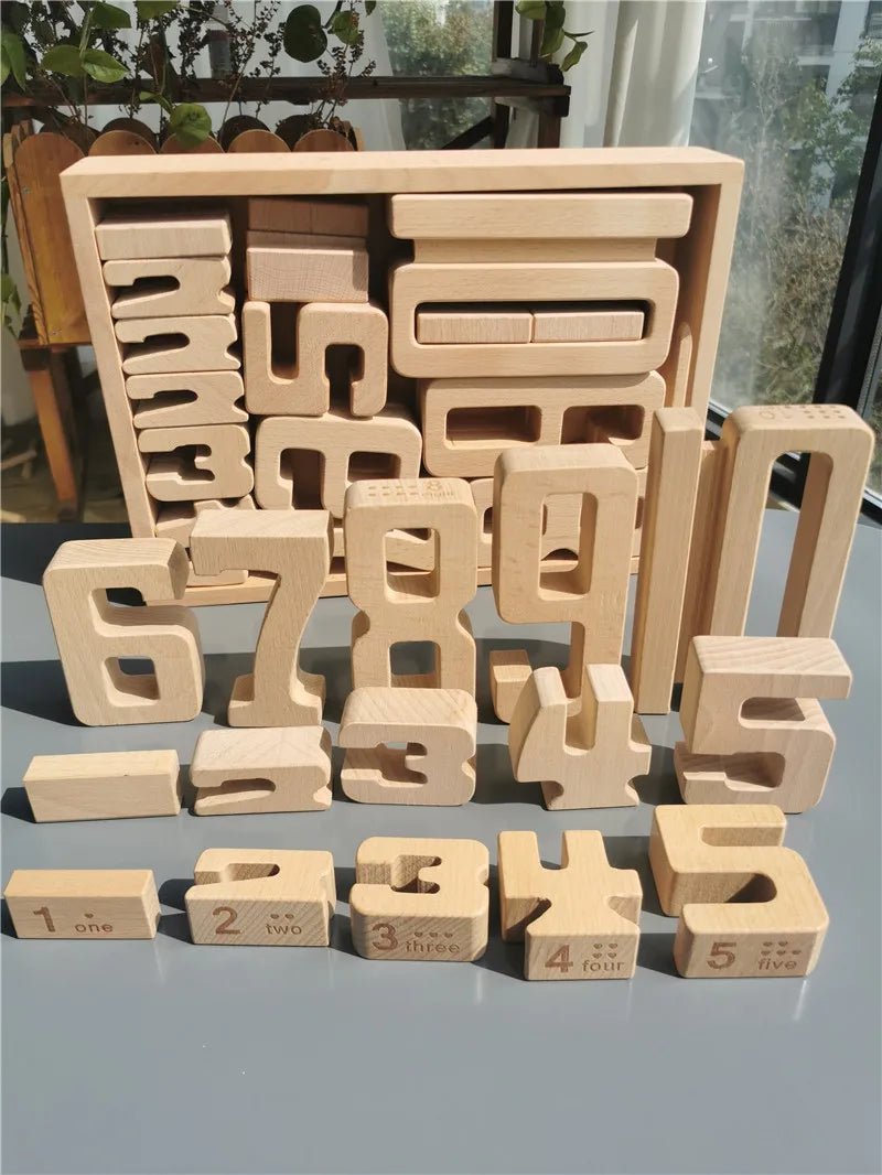 Montessori Math: Wooden Building Stacking Digital Blocks featuring numbers 0-10, designed for educational play and skill-building in young children.