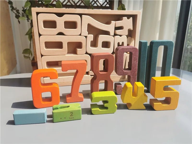 Montessori Math: Wooden Building Stacking Digital Blocks featuring colorful numbers for hands-on learning and play, perfect for fostering math skills in children.