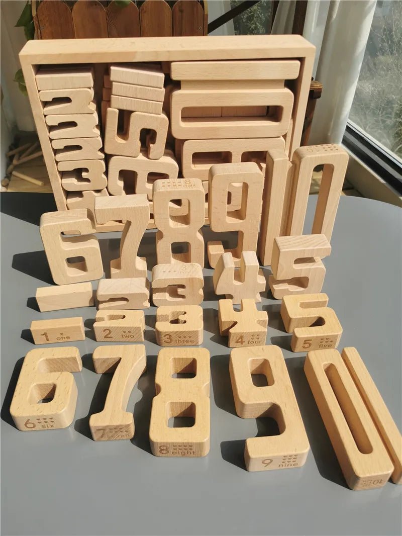 Montessori Math: Wooden Building Stacking Digital Blocks featuring wooden numbers 0-10, ideal for educational play and early math skill development.