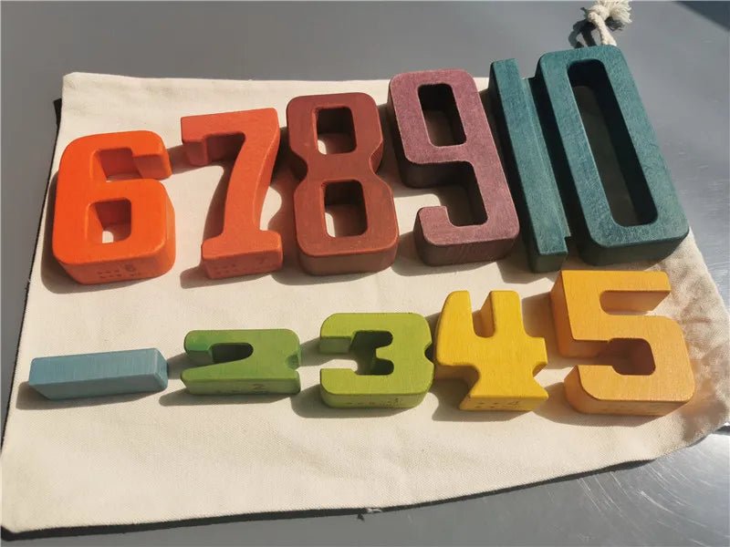 Montessori Math: Wooden Building Stacking Digital Blocks showcasing colorful numbers on a white base for educational play and math learning.