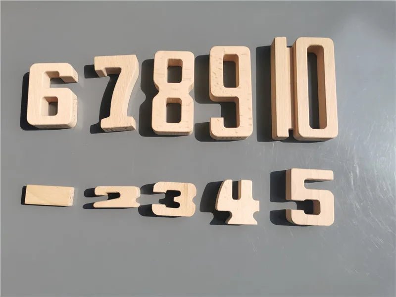 Montessori Math: Wooden Building Stacking Digital Blocks featuring carved wooden numbers, ideal for Montessori learning and play.