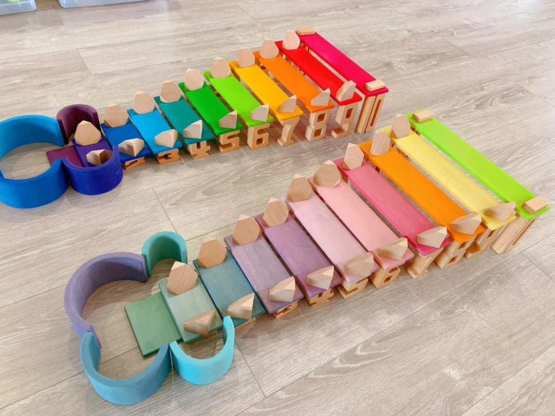 Montessori Math: Wooden Building Stacking Digital Blocks, featuring colorful numbers 0-10, ideal for early math learning and sensory play on a wooden floor.
