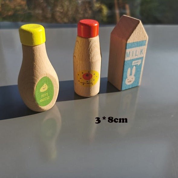 Montessori Natural Wood Kitchen Toy Set featuring wooden bottles and cartons, designed for creative, educational play, aligning with Montessori principles.