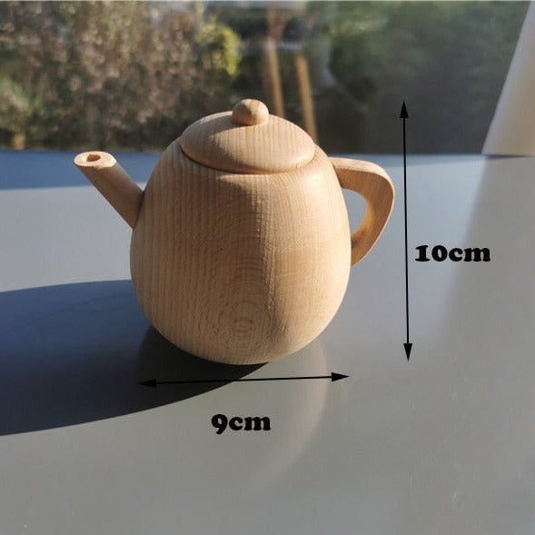 Montessori Natural Wood Kitchen Toy Set featuring a wooden teapot with handles and spout, designed for imaginative and educational play.