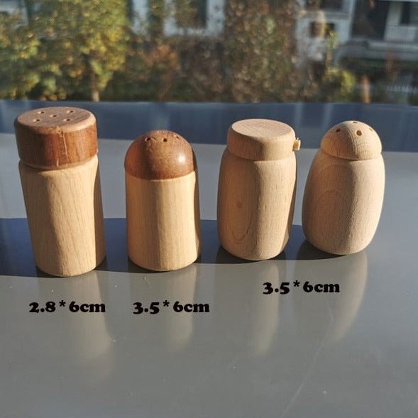 Montessori Natural Wood Kitchen Toy Set featuring wooden salt and pepper shakers, designed for imaginative play and skill development in children.