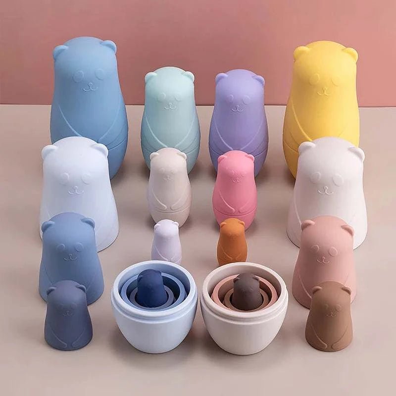 Montessori Nesting Dolls made from food-grade silicone, designed for safe, tactile play, perfect for stacking and nesting by little hands.