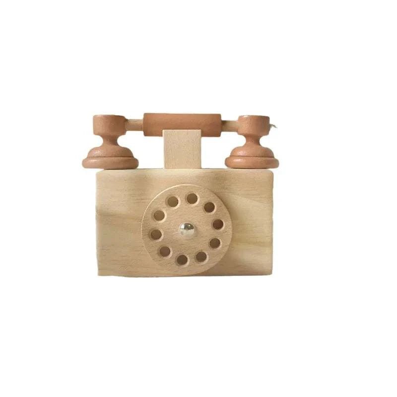 Montessori Old-Fashioned Telephone Toy, handcrafted from wood, featuring a rotary dial and buttons for imaginative play, ideal for fostering creativity and fine motor skills.